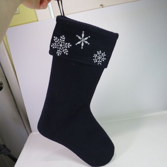 Navy 85% Wool Felt Snowflake Embroidered Stocking 20" Satin Lined - Picture 1 of 10
